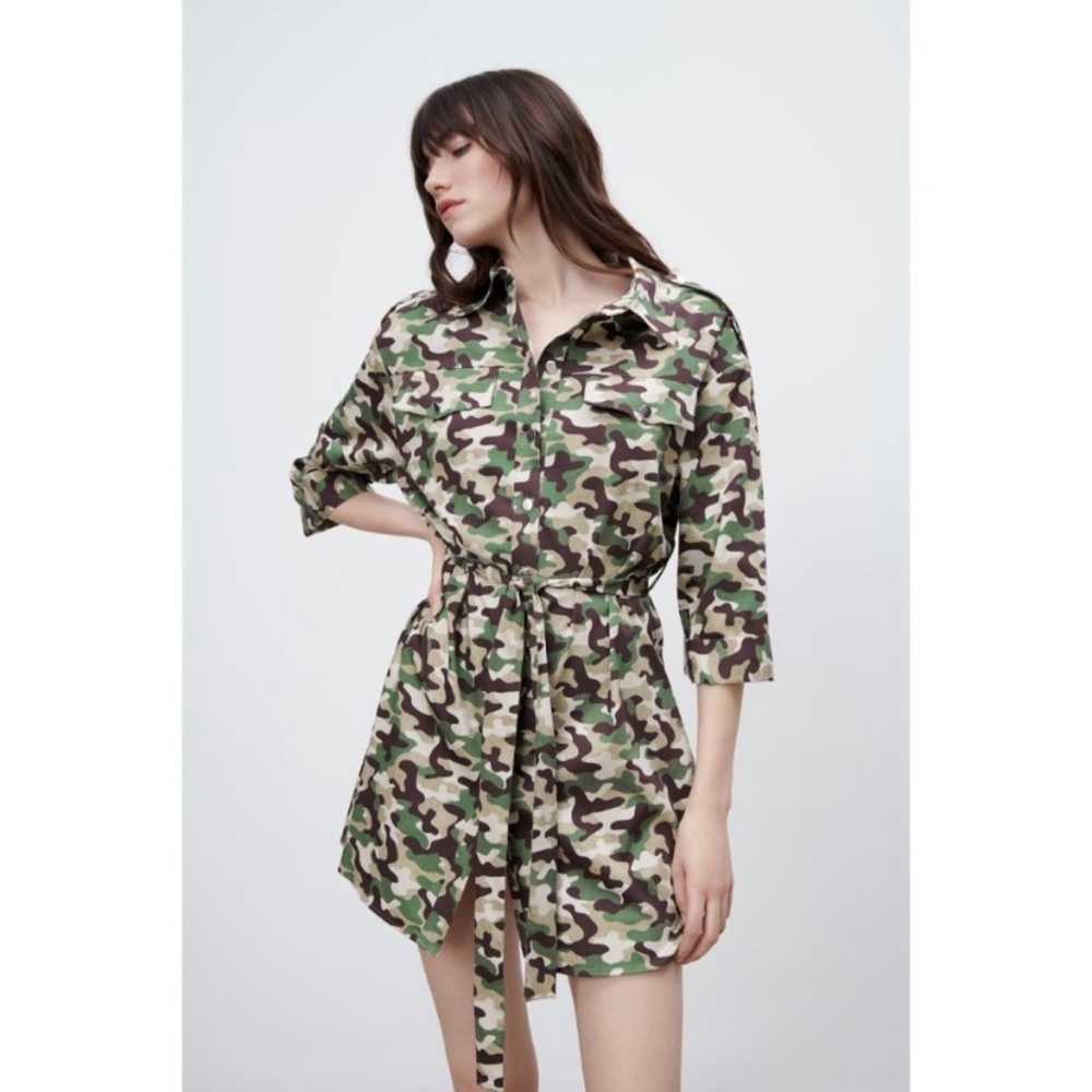 Zara Camouflage Print Mini Shirt Dress